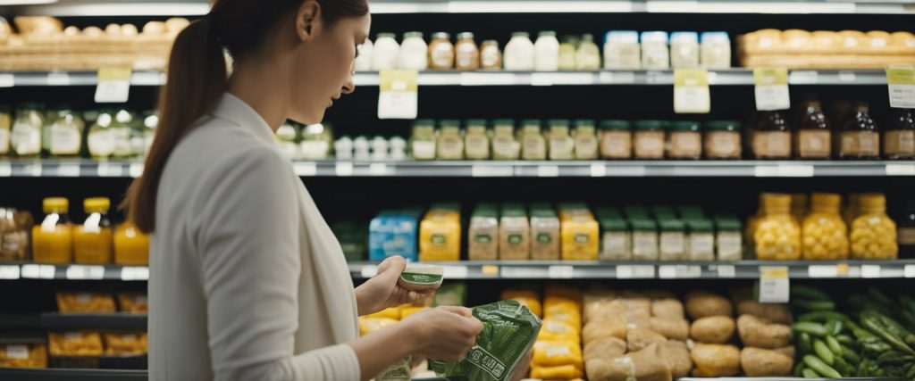 Egy személy gondosan kiválasztja a környezetbarát címkével ellátott termékeket egy élelmiszerboltban. Összehasonlítja az árakat és elolvassa a termékinformációkat, hogy fenntartható döntéseket hozhasson.
